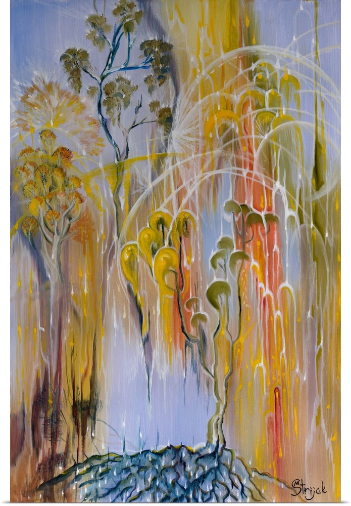 Abstract painting of the magical landscape with the fireflies dancing in the woods among the waning light of the dusk.