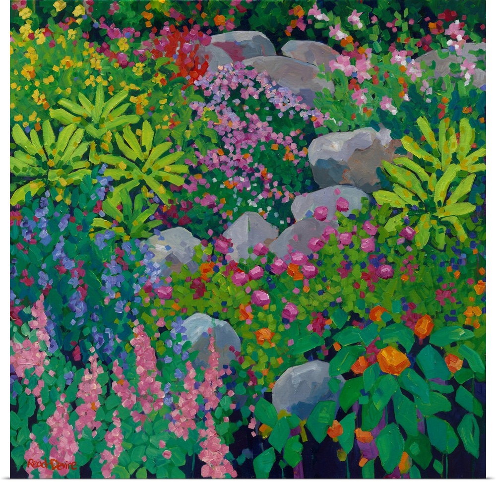 Painting of garden with rocks, ferns, and many colored flowers in bright brushstrokes.