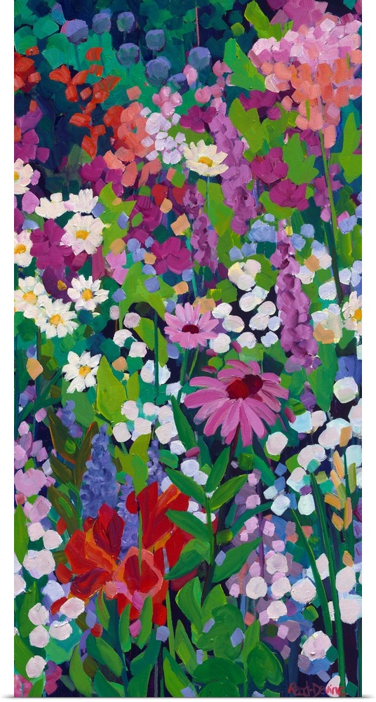 Tall narrow painting of flowers in a garden with daisies, a pink coneflower and multicolored blooms.