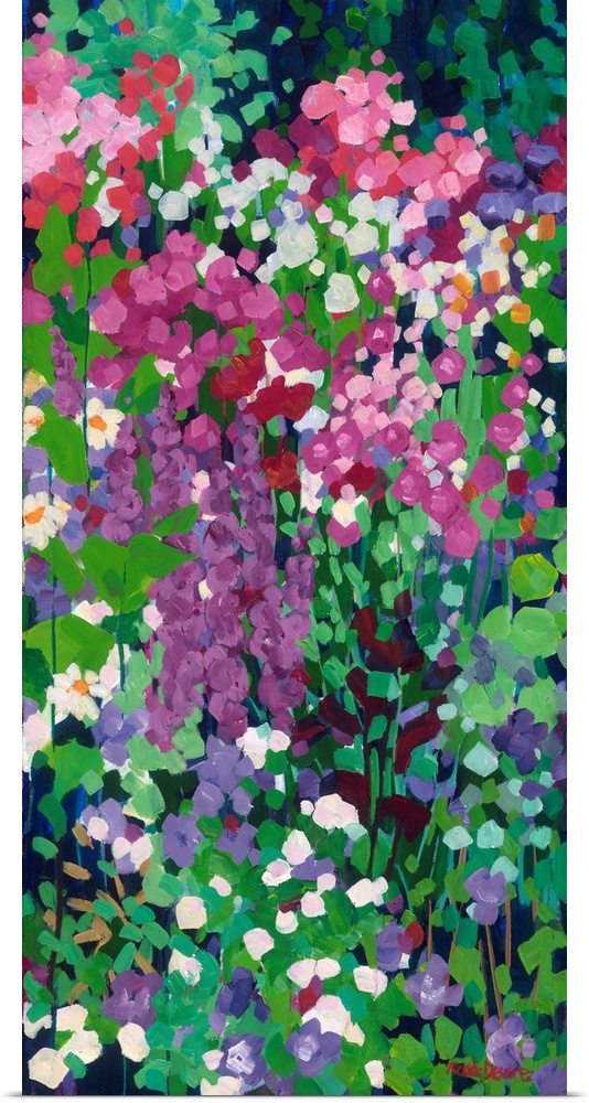 Tall narrow painting of flowers in a garden with daisies and red and purple spired blooms.