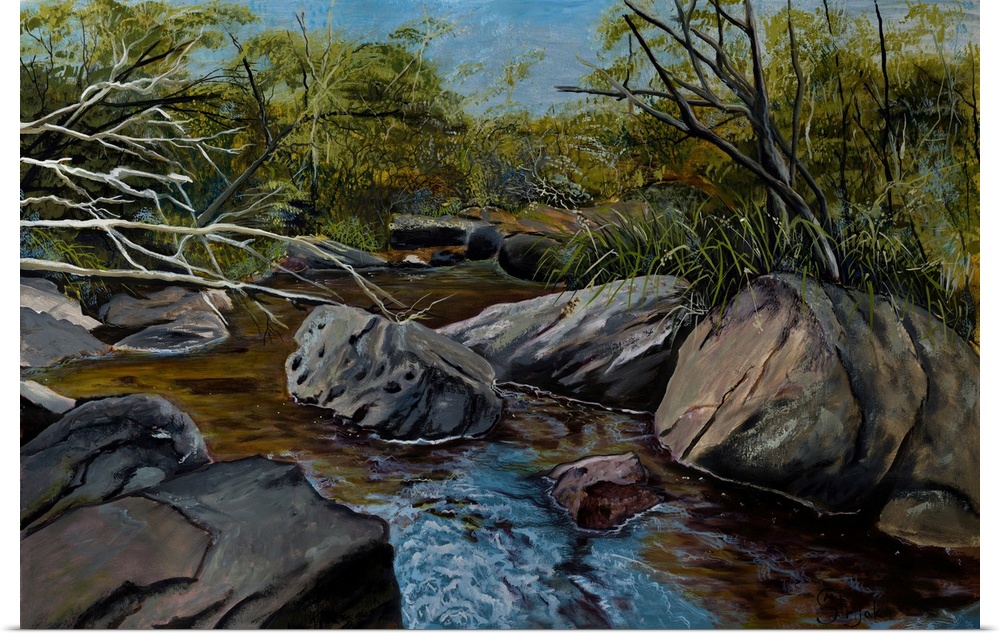 Painting of the Georges river in spring, showing the beautiful deep colors of the water flow and plants.