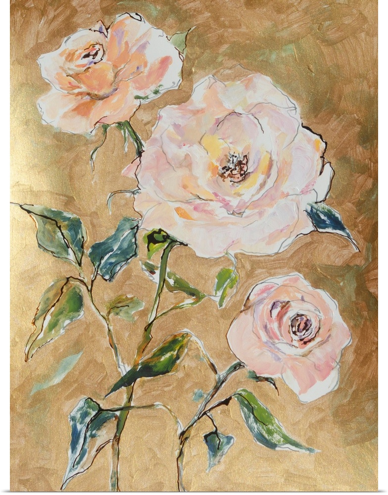 Traditional but loose mixed media apricot roses on gold background.