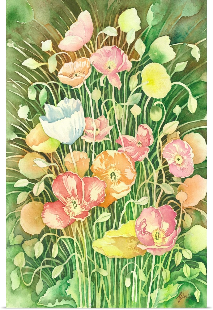 Colorfully created the bunch of poppy flowers on the fresh green background in watercolor on paper.