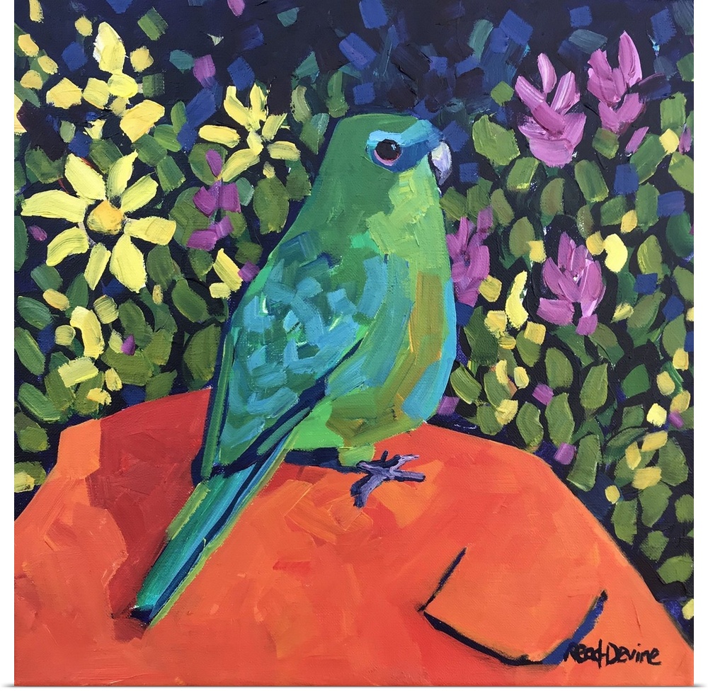 NaAve painting of green parrot sitting on an orange rock with a background of flowers.