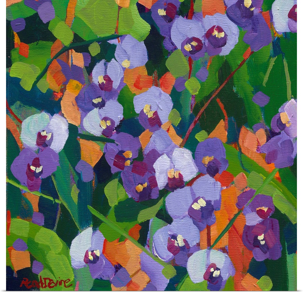 Pattern like painting of purple wildflowers with orange background.