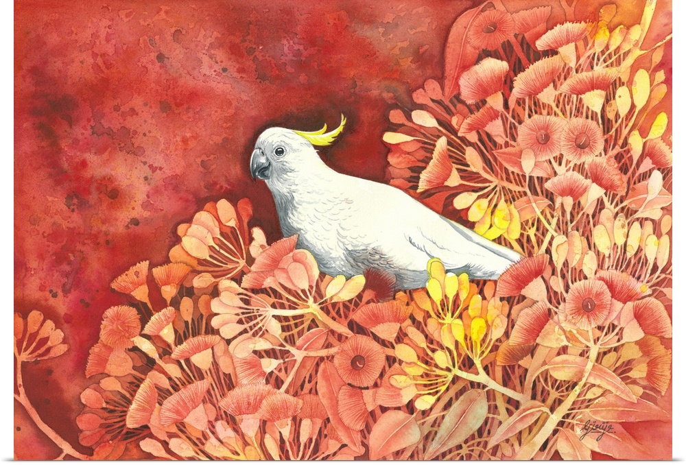 A smart cockatoo bird painted on the red hot floral background in watercolor on paper.