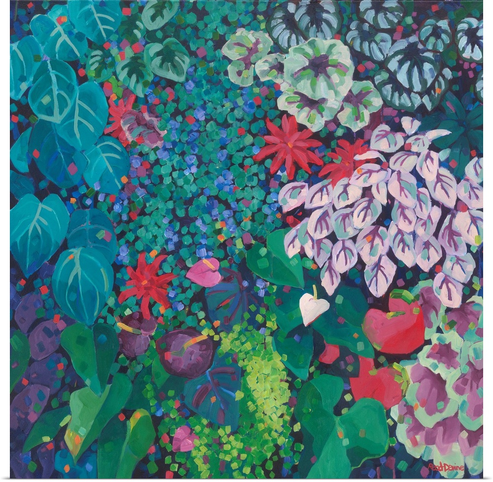 Painting of massed planting of plants with different foliage and colors.