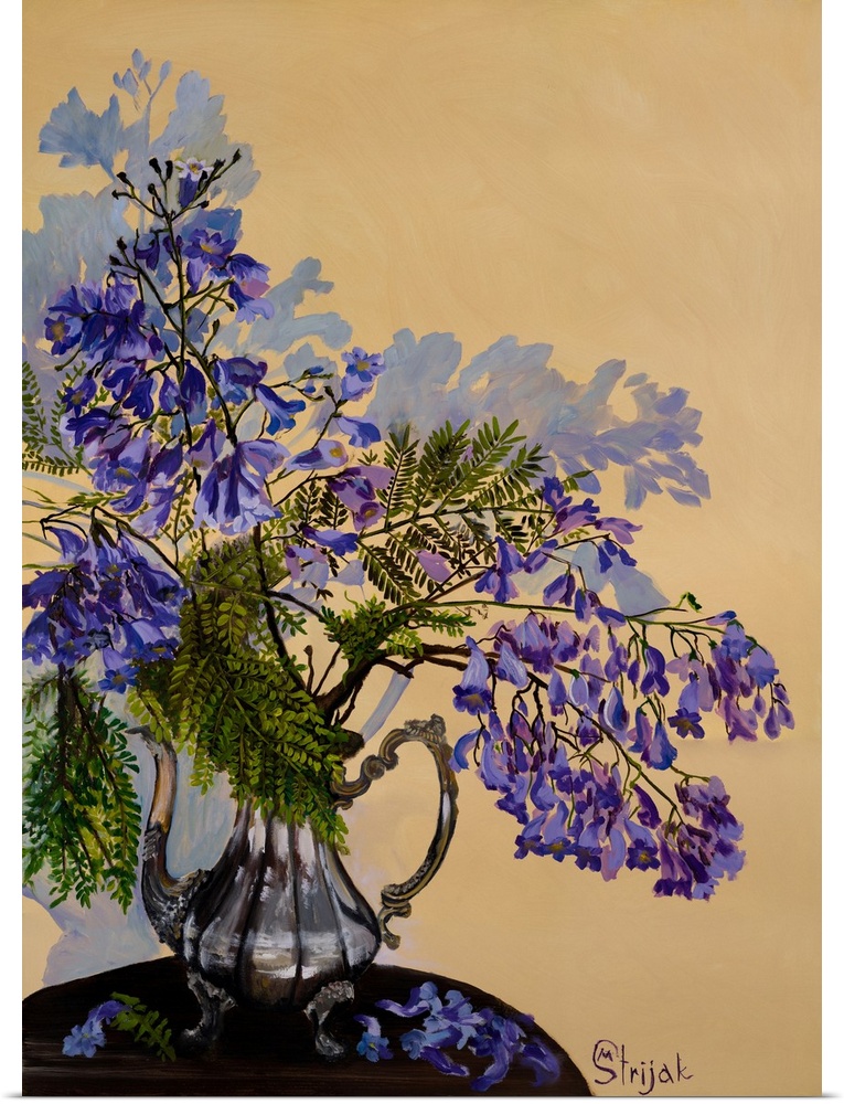 Painting of a jacaranda tree with the petite flowers in purple color of varying tints and green fern-like leaves in an ant...