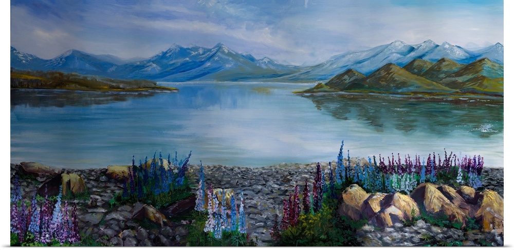 Painting of the lupin fields around lake Tekapo, famous for its pristine beaches, picturesque mountains, and stunning flow...