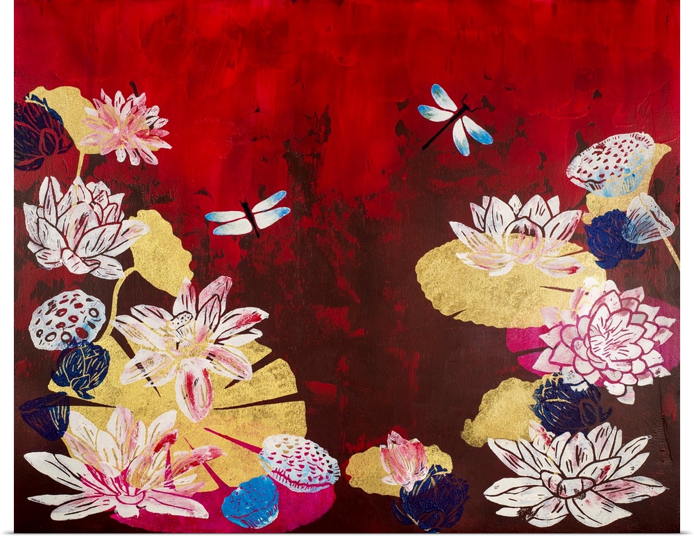 Painting of two dragonflies in pond with lotus flowers and pods with crimson background.