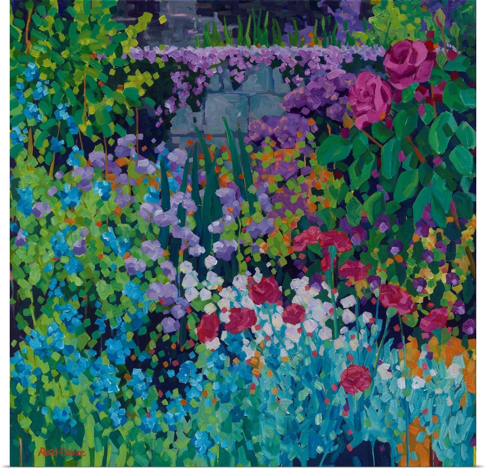 Colorful collection of flowers and foliage inside a walled garden painted with many small brushstrokes.
