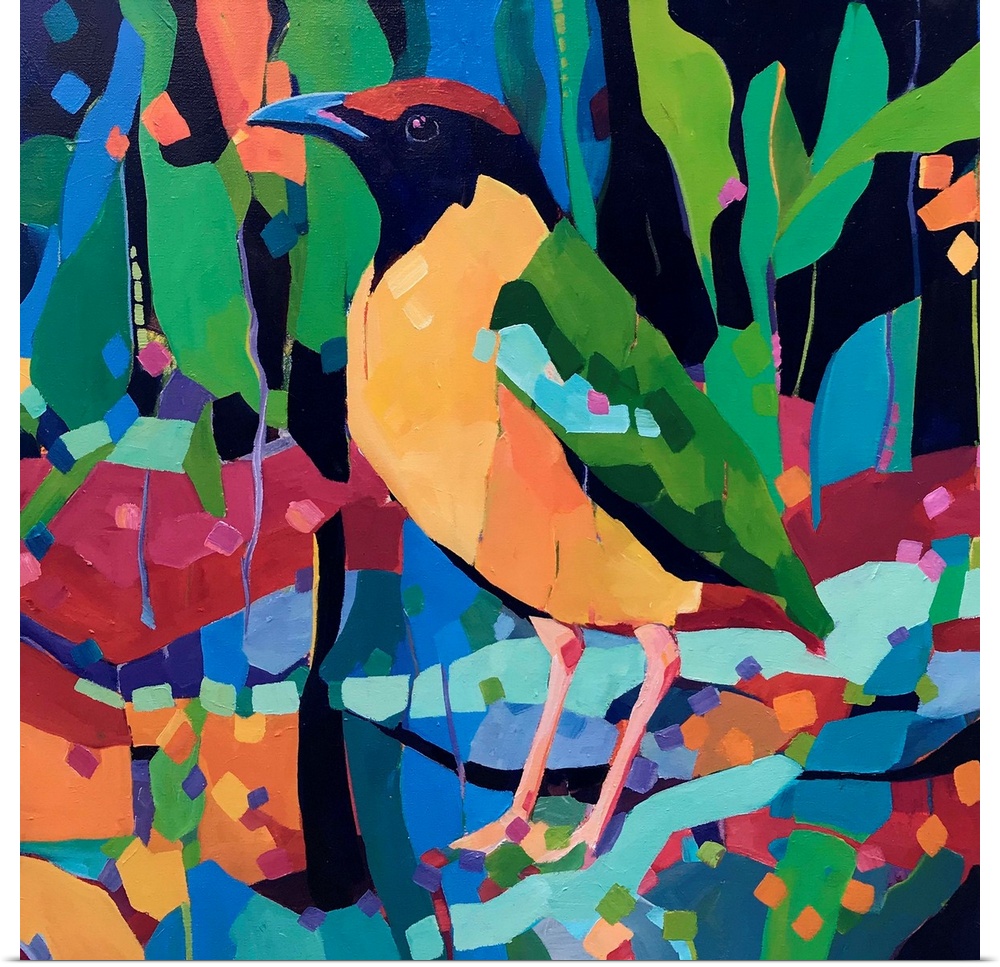 Yellow green and red rainforest bird painting standing amongst abstract colorful shapes.