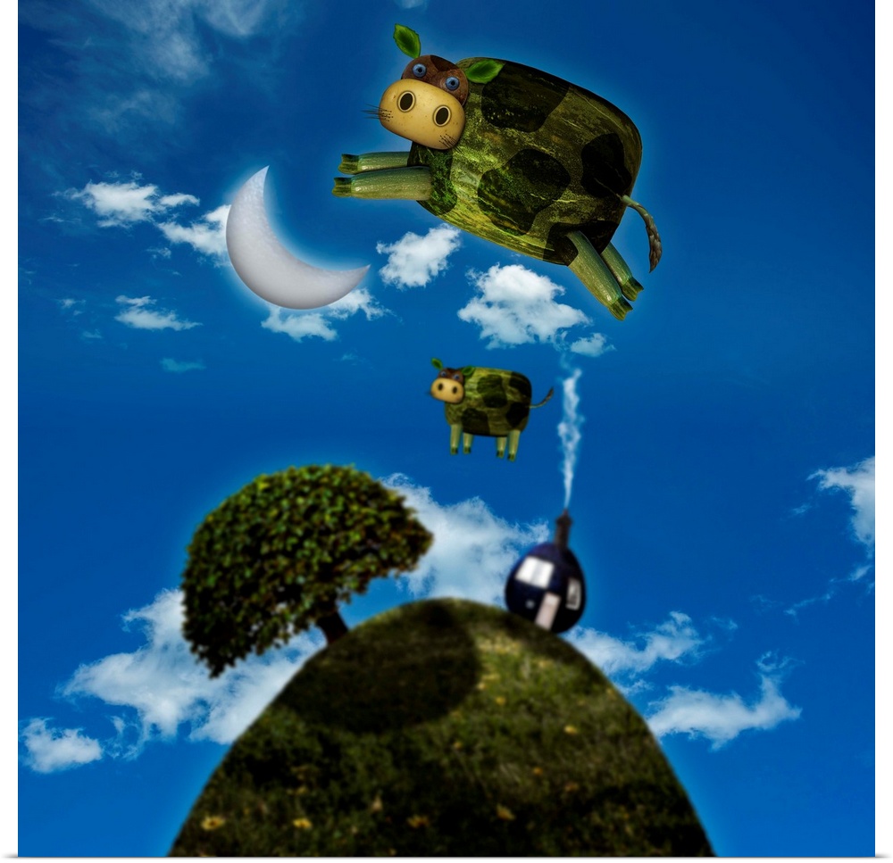 Inspired by the children's song, here is a version of cows jumping over the moon.