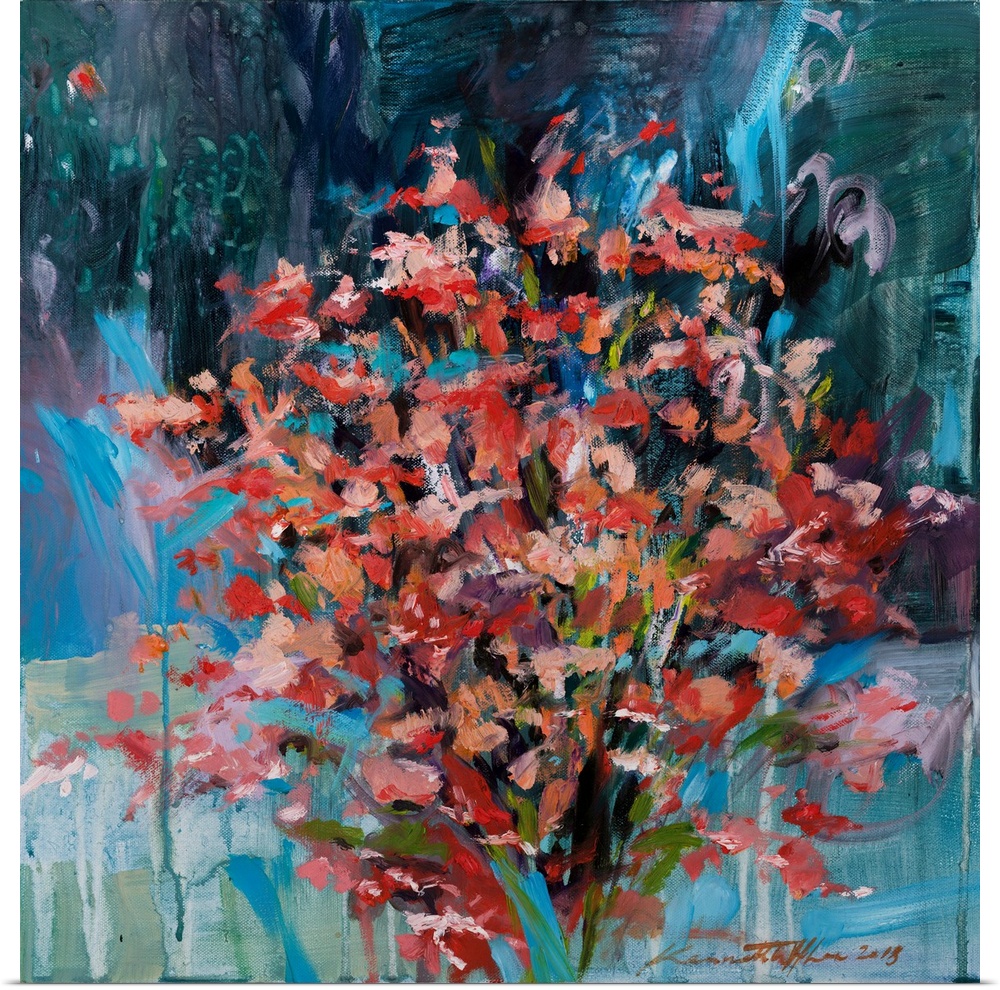 An abstract painting of a floral arrangement.