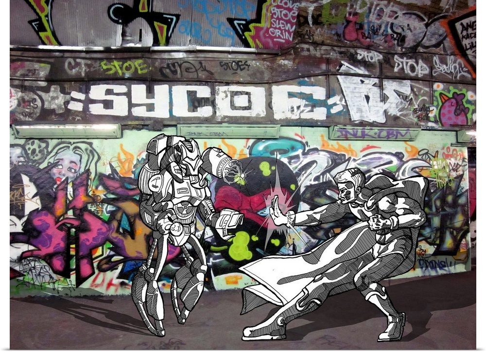 Graffiti photograph with illustration of a superhero fighting a robot.