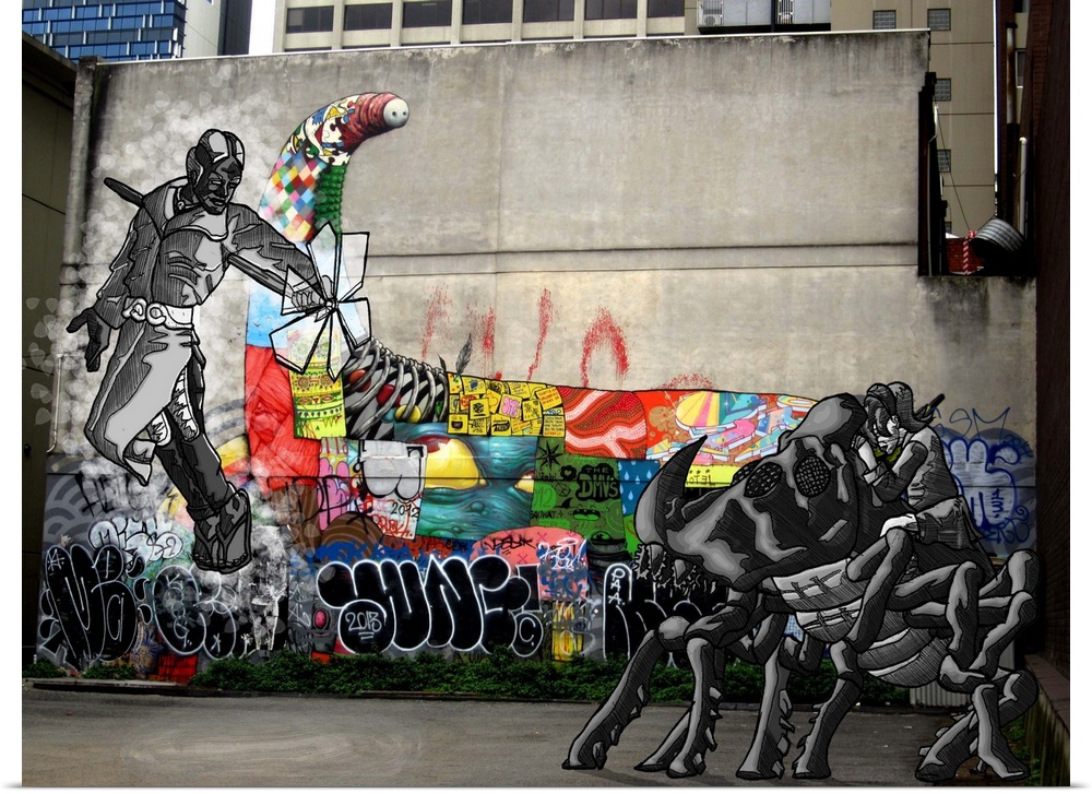 Graffiti photograph with illustration of a girl and her giant beetle fighting a magical superhero.