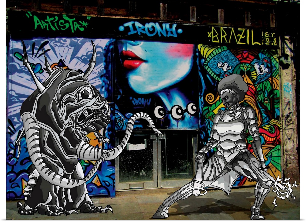 Graffiti photograph with illustration of a female superhero fighting a monster.