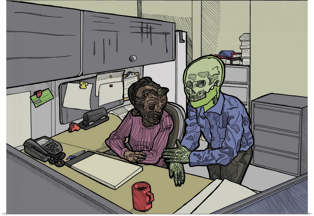 Illustration of fantasy creatures working in an office.