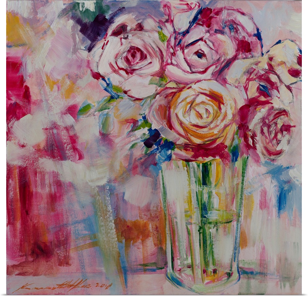 An abstract on a play of cool and warm tonal variations and forms coupled voids; a floral arrangement in a glass vase.