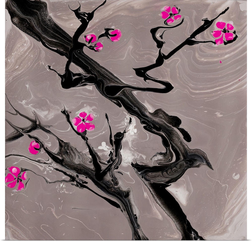 Close-up painting of cherry blossom in pouring technique that resembles reflection in a paddle and mirrors the renewal of ...