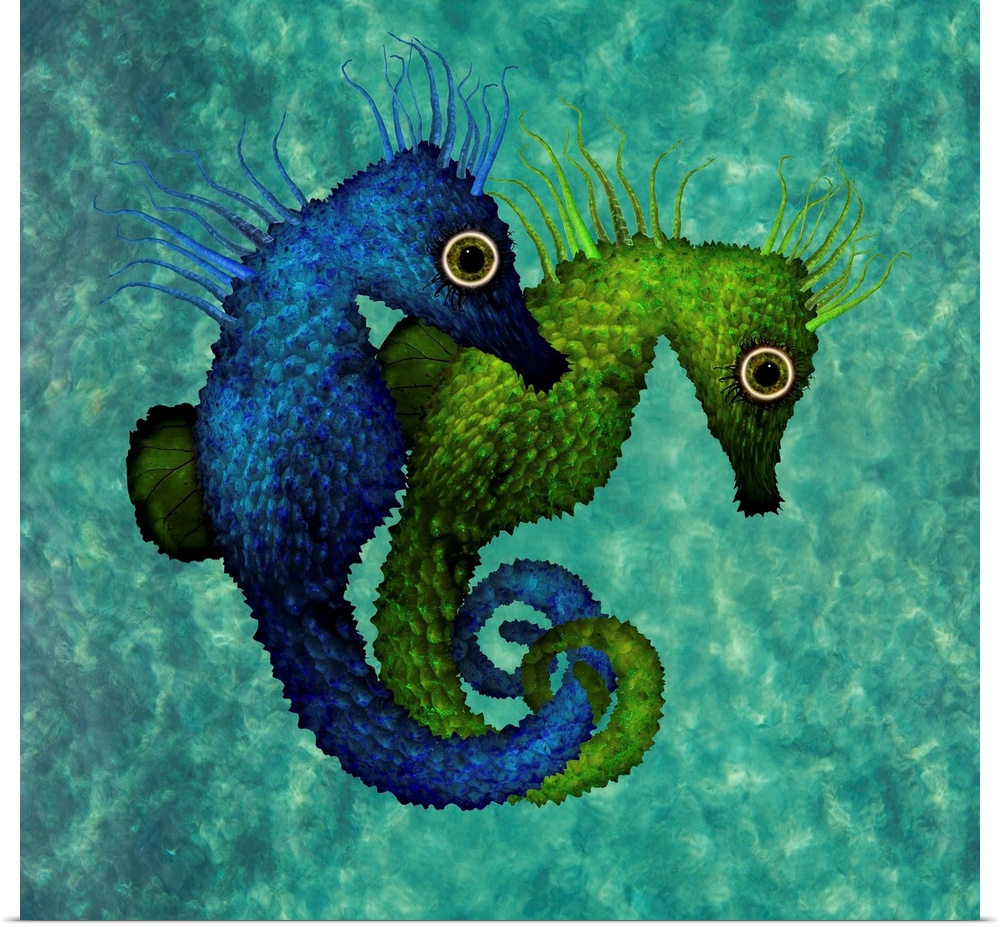 These two beautiful seahorses live together in the beautiful blue ocean.