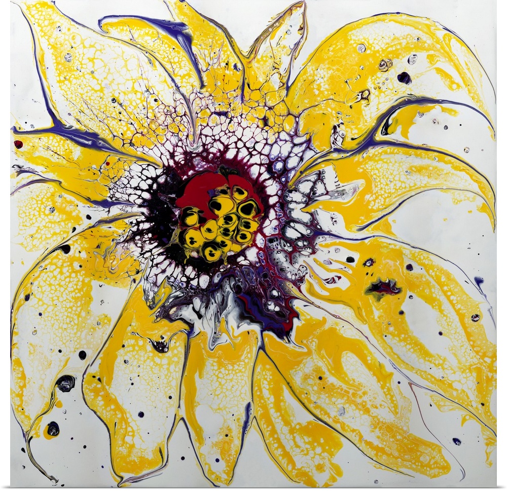 Pour painting of a large flower in yellow, loosely accentuated by the purple contour with a multicolored pattern in the mi...