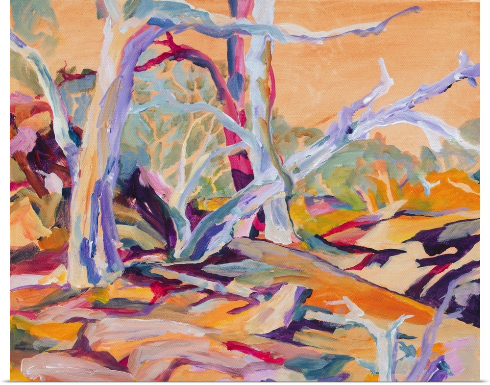 Outback landscape with bare trees, rocks in burgundy, browns, golds, creams.