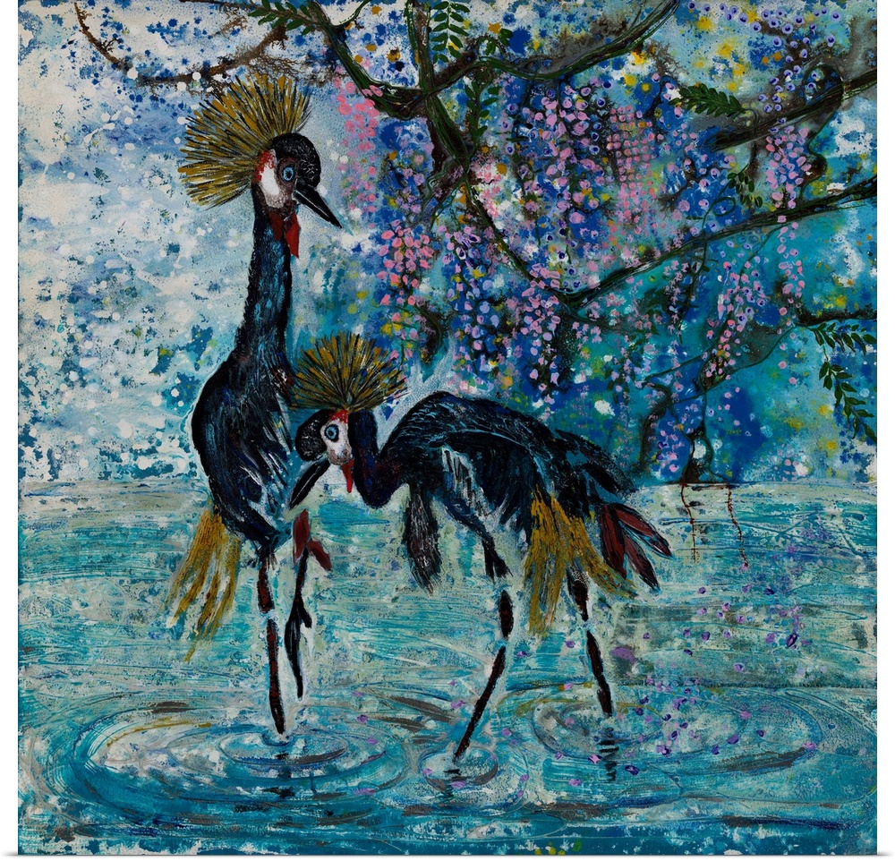 Painting of two grey crowned cranes using traditional Chinese brush stroke with added texture and bright colors in contemp...