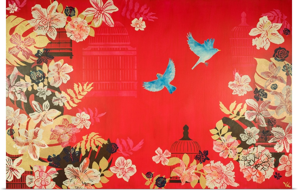 Painting of two bluebirds flying in a summer garden of orchids and peonies with red background.
