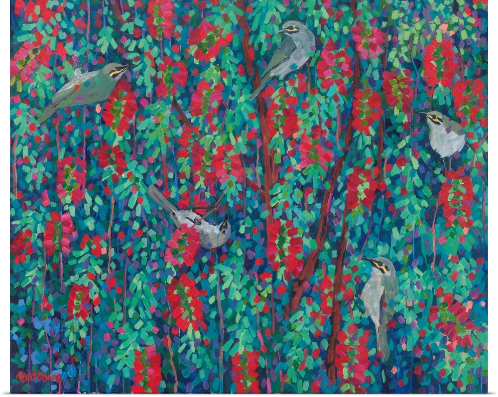 Impressionist painting of five grey brown birds with yellow eye markings in a tree with red bottlebrush flowers.