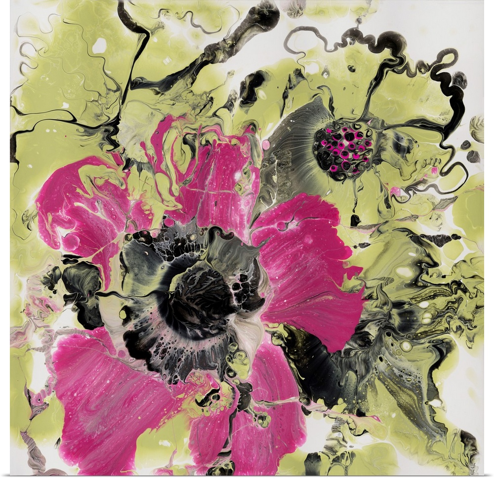 Abstract pour painting of the flowers in a subdued color palette using dark pink, yellow and black paint.