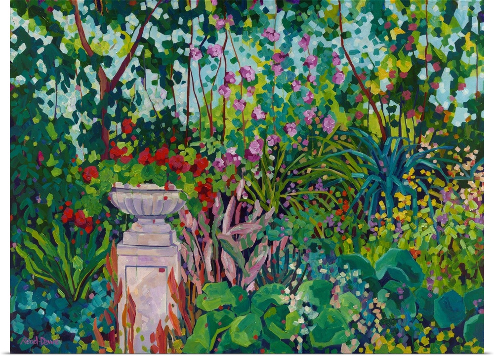 Impressionist painting of urn planted with red geranium in garden with trees, camellias, and many colorful flowers.