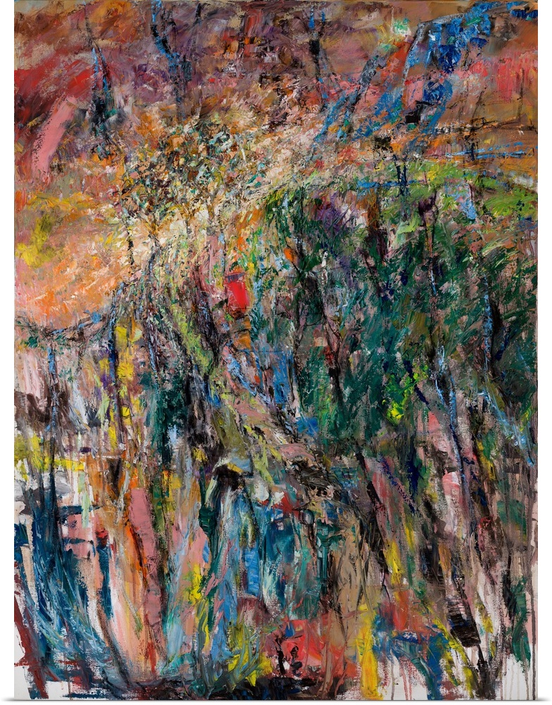 An abstract painting of a high ridge line with the evening light peering through a small line of trees.