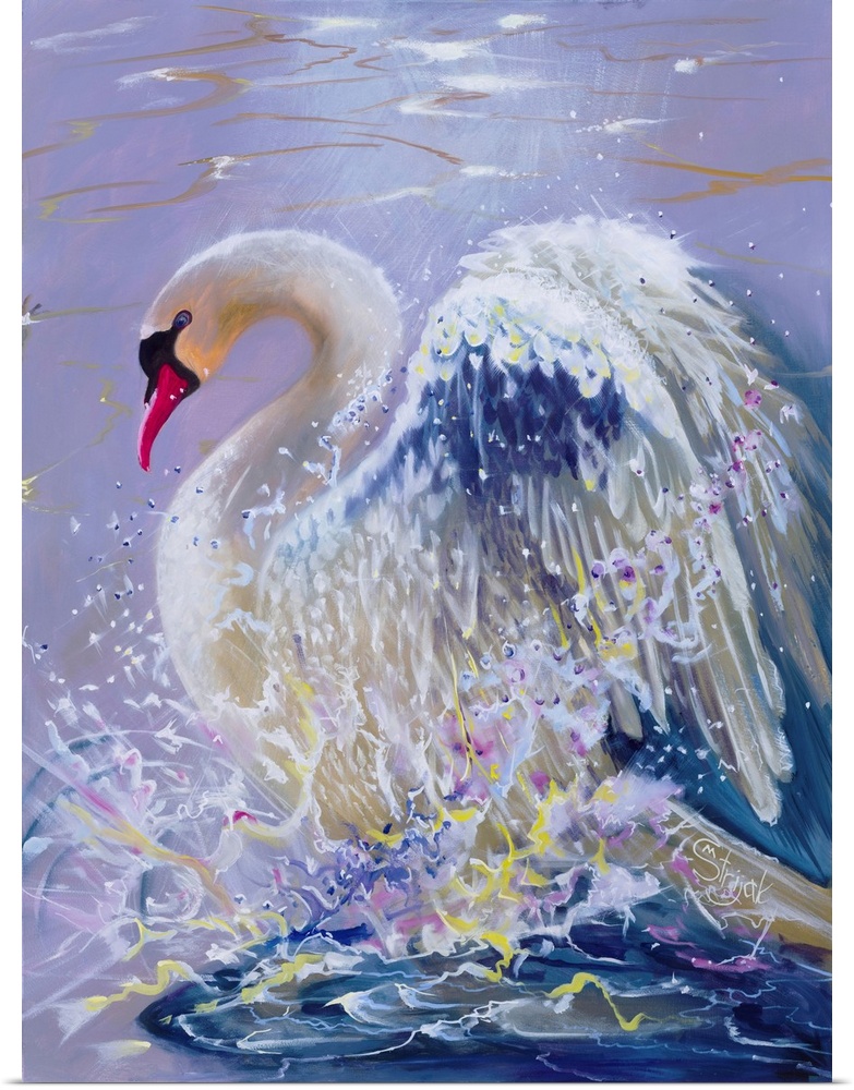 A swan surfacing into a burst of splashes, colorfully gleaming in the reflected light.