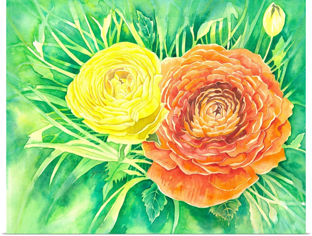Two bright yellow and orange flowers are painted in watercolor on paper with fresh green background.