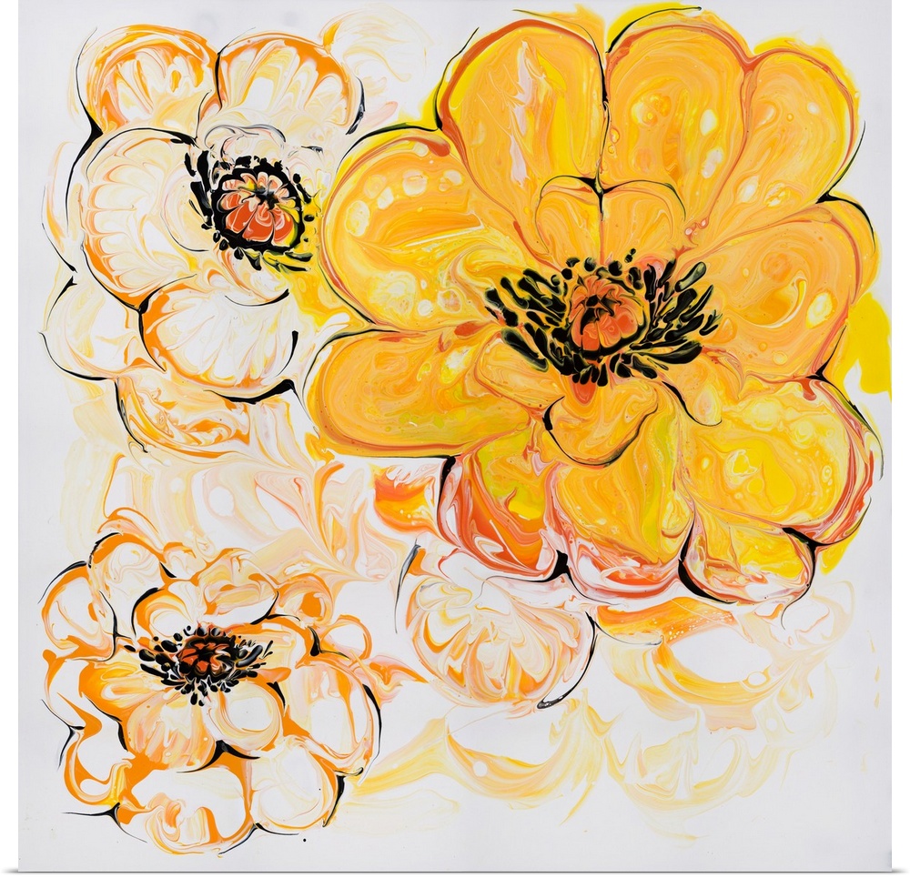 Pour painting of cheerful yellow-orange flowers with plump, rounded shapes and fine black outlines on a white background f...