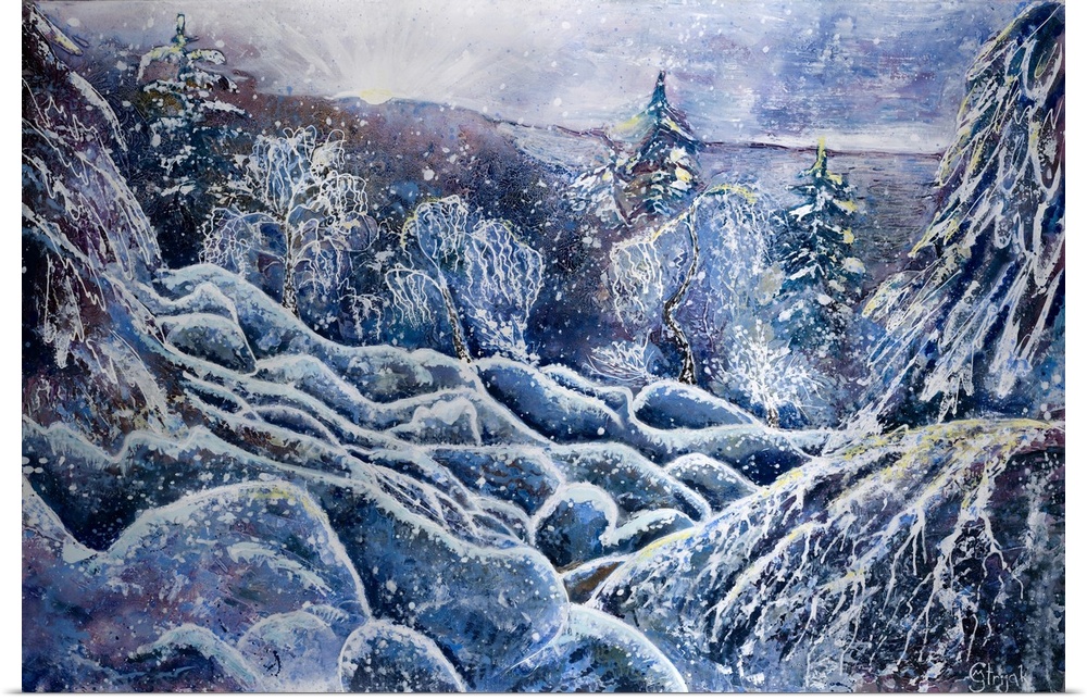 Painting of a snowfall, covering the forest with a white blanket that sparkles in the gleams of sunlight.