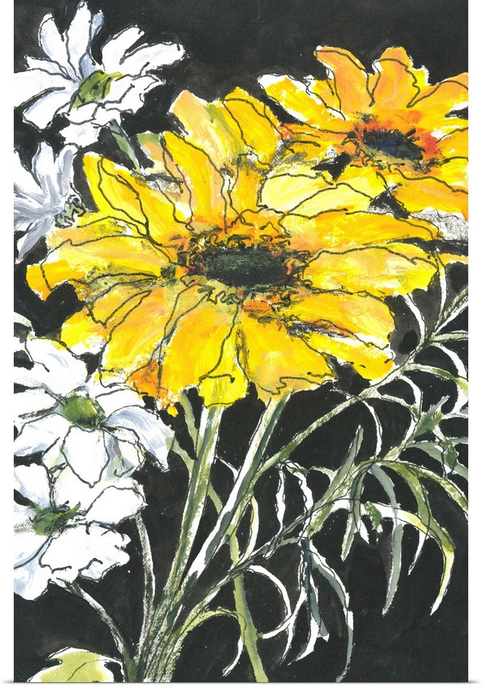 Bright pen and wash contemporary drawing of yellow and white flowers on a black background.