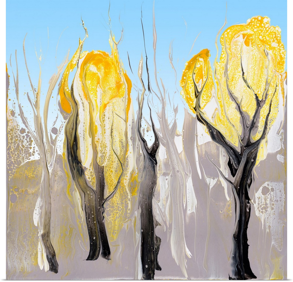 Abstract painting of the wattle grove in a minimalistic color palette: gray soil, white sky and yellow clouds of the blossom.