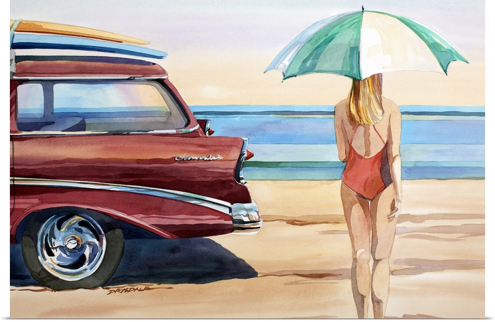 Watercolor of a '56 Chevy at the shoreline.