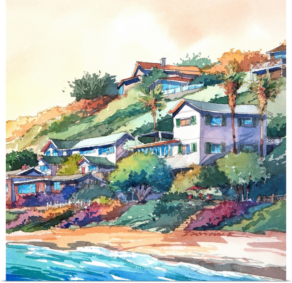 Watercolor of the bungalows along the coast in Newport Beach, California.