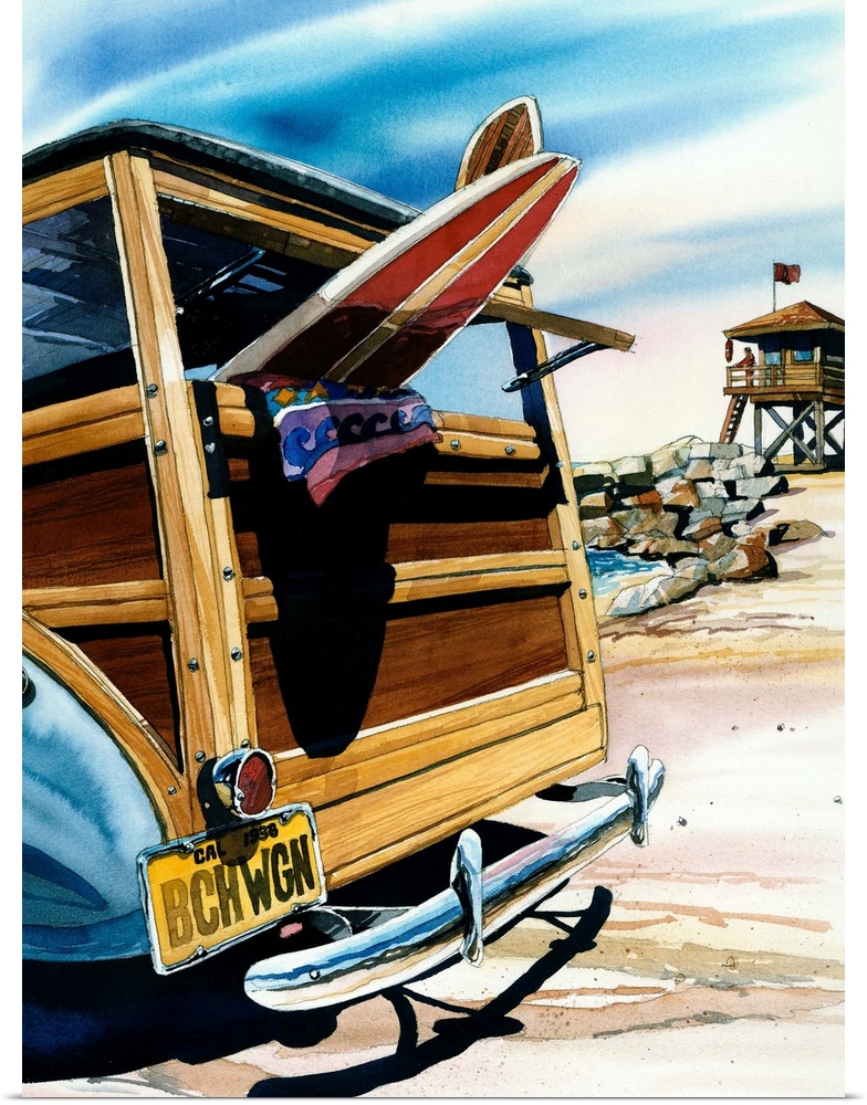 Watercolor of a woodie surf wagon at Salt Creek Beach in Dana Point CA