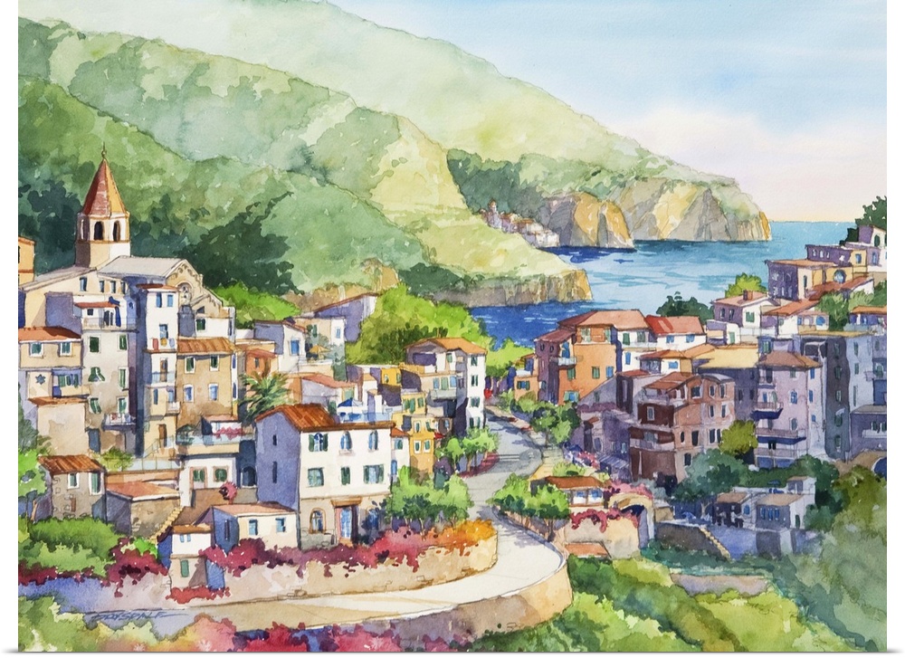 Watercolor painting of Corniglia, a frazione of the comune of Vernazza in the province of La Spezia, Liguria, northern Italy