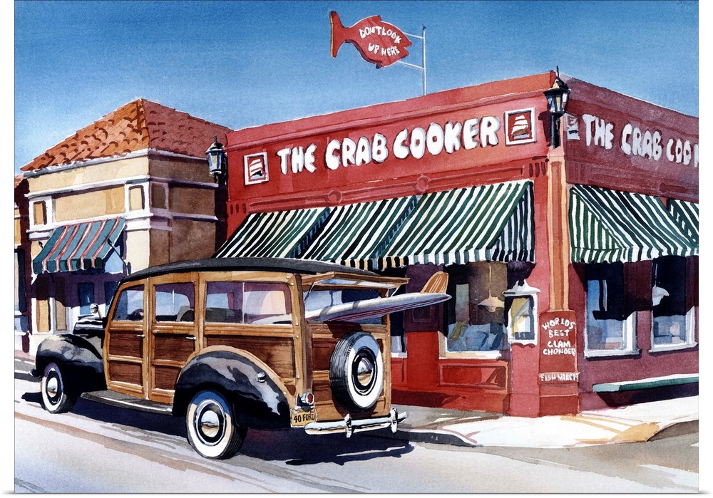 Watercolor of a 1940 Ford woodie surf wagon in front of the Crab Cooker in Newport Beach, CA, Woodie California.