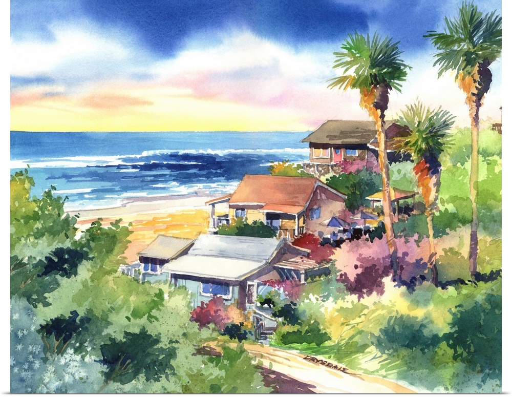 Watercolor of Crystal Cove, Laguna Beach, CA.