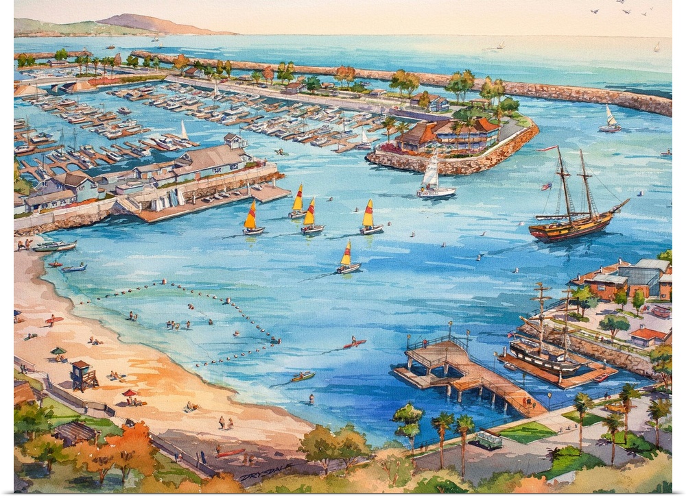Watercolor painting of the aerial view of The Dana Point Harbor
