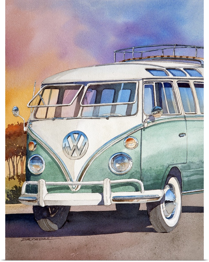 Watercolor of a 1963 23 window VW bus.