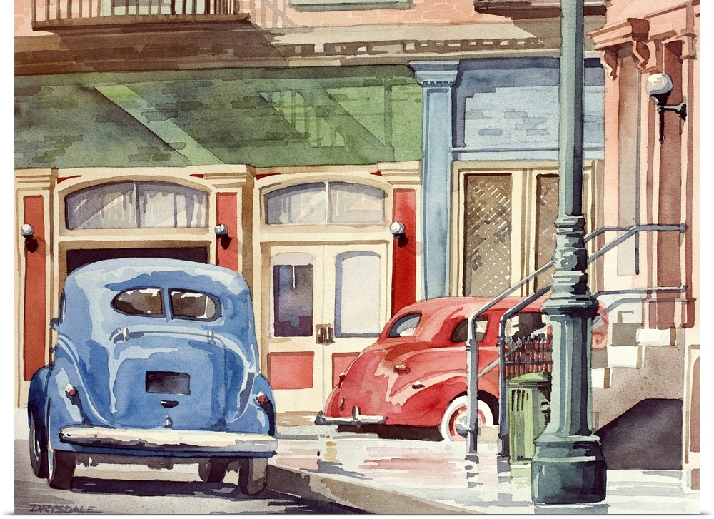 Contemporary watercolor painting of a red and blue Volkswagen beetles driving down Main Street
