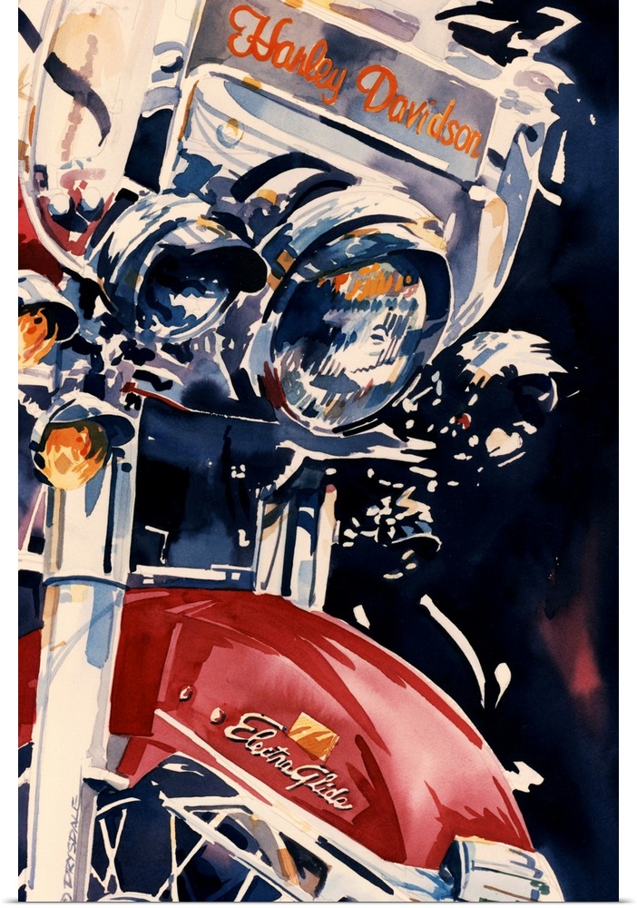 Watercolor painting of the front of a red Harley Davidson up-close.