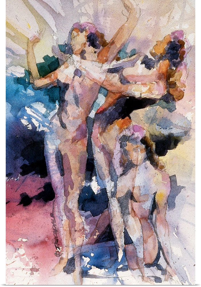 Watercolor painting of a female figure in motion.